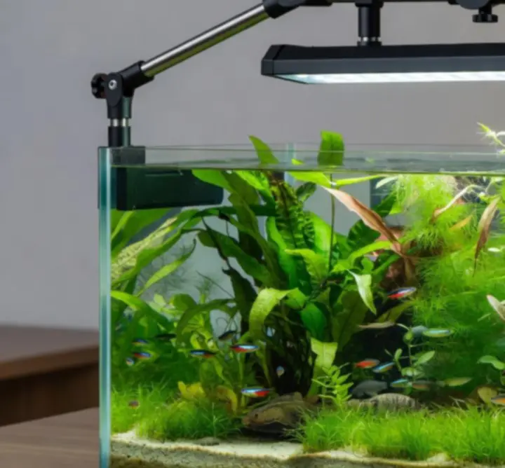 Regulowany stelaż oświetleniowy nad otwartym akwarium, umożliwiający precyzyjne ustawienie lampy.