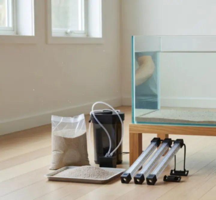 Ilustracja zestawu akwarystycznego z oświetleniem i filtracją