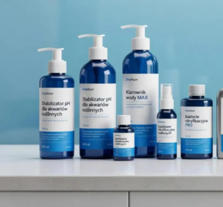 Zestaw preparatów do uzdatniania wody akwariowej ustawionych obok akwarium