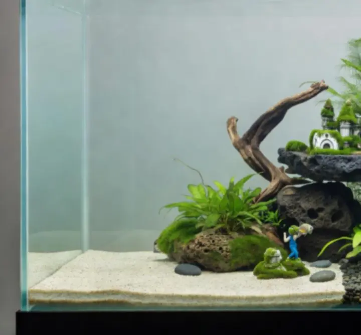 Porównanie akwarium przed dekorowaniem i po zastosowaniu dekoracji Tank Market PL