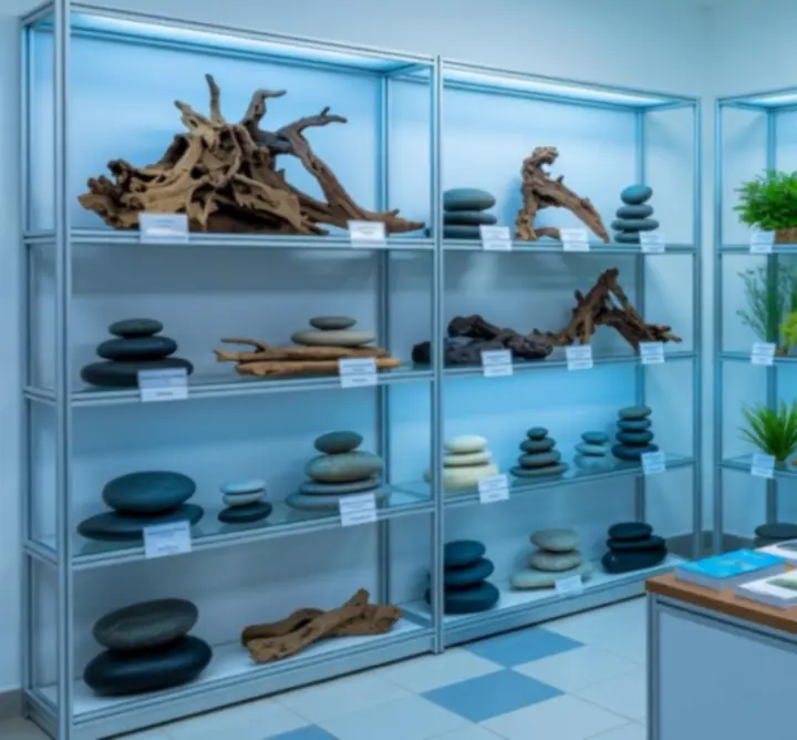 Nowocześnie zaaranżowane akwarium z dekoracjami, roślinami i kamieniami