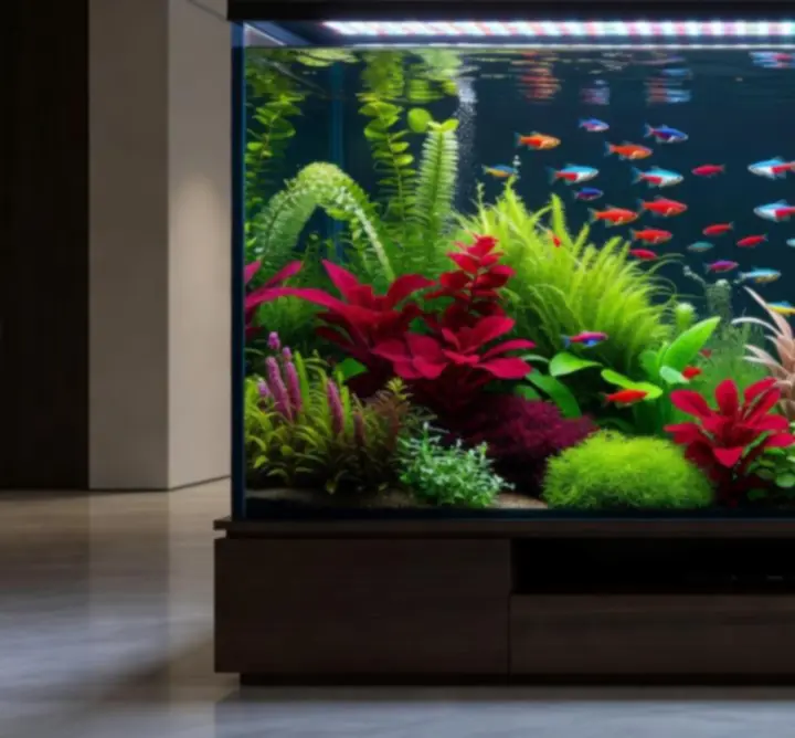 Kompozycja różnych akwariów podświetlonych nowoczesnym oświetleniem LED.