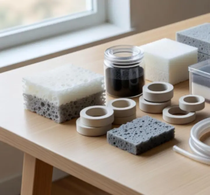 Zestaw akcesoriów i mediów filtracyjnych rozłożonych na stole