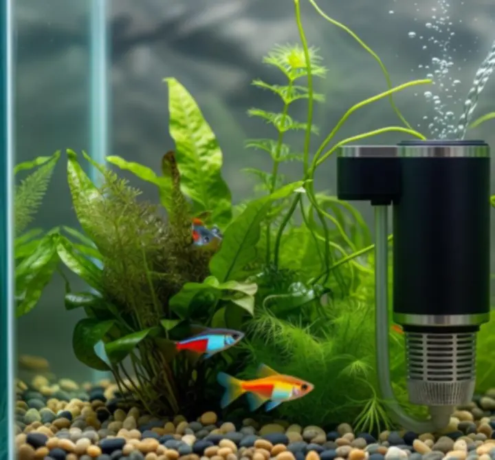 Filtr akwariowy pracujący w obsadzonym roślinami zbiorniku