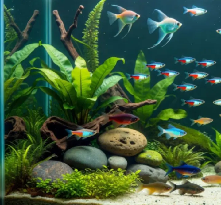 Różnorodna i spokojna obsada ryb w zadbanym akwarium