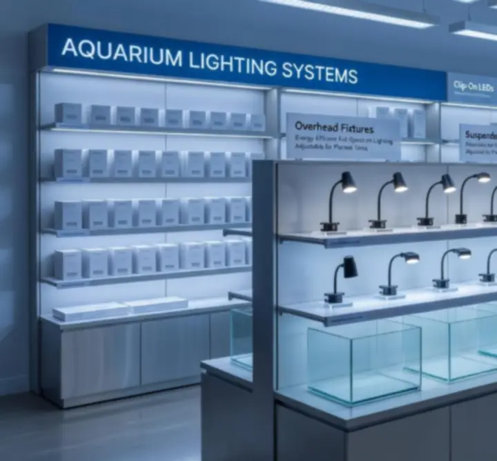 Nowoczesne systemy oświetlenia akwariowego wyeksponowane na tle szklanego akwarium.