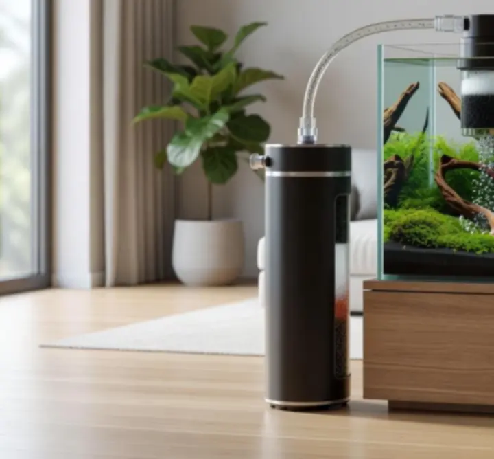 Nowoczesny filtr akwariowy pracujący w szklanym akwarium