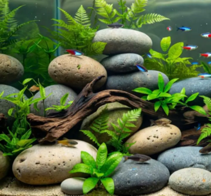 Naturalne dekoracje akwariowe: kamienie, korzenie i rośliny w jasnym zbiorniku