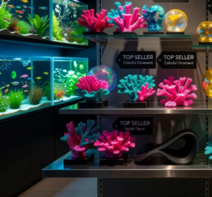 Różne modne dekoracje do akwariów ustawione obok siebie